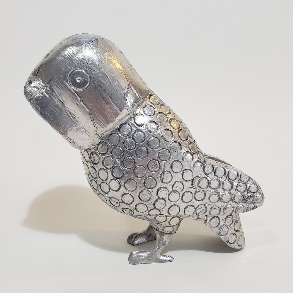 Silver Metal Covered Barn Owl Folk Art Figurine